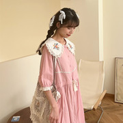 夏季森系拼色蕾丝娃娃领灯笼袖连衣裙中长款收腰粉红色少女长裙