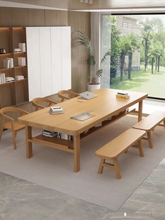北欧实木办公桌双层书桌学生，写字桌简约家用长桌收纳手工书画桌椅