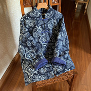 冬季中国风青花瓷棉麻棉袄复古立领对襟盘扣，外套宽松加大码薄棉衣
