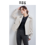 李喜欢(李喜欢)米，白色皮衣外套女2022年山羊皮短款翻领长袖机车夹克