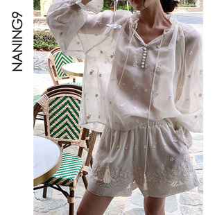 naning9夏季韩版立体刺绣套装，微透流苏小衫&短裤闲雪纺套装