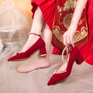 婚鞋女2024年红色高跟鞋粗跟一字扣带中式秀禾婚纱两穿新娘鞋