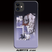 alientits日系灰色调暗黑，骷髅百合艺术适用于苹果安卓，定制手机壳