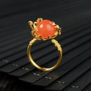 天然南红玛瑙戒指女开口可调节金色纯银花朵指环食指宫廷复古手饰