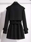 丝柏舍黑色长袖收腰大衣2023冬装女装时尚，修身显瘦休闲外套