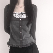 ROCKMORE日系甜妹小波点拼接假两件长袖T恤法式设计花边上衣