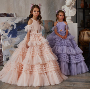 洋气女童高端礼服欧美儿童，钢琴紫色演出服，女孩主持花童公主裙生日
