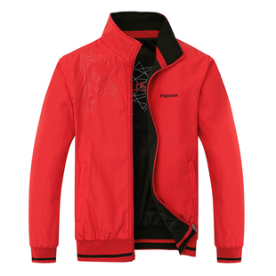 春季男装外套运动夹克休闲外衣，薄款春秋红色，单衣双面穿两面服