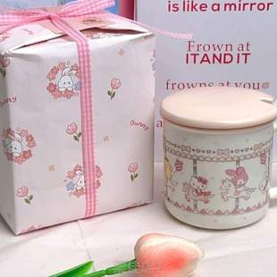 日式可爱心家用生日礼物带盖陶瓷水杯卡通少女马克粉色勺办公室&