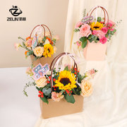 母亲节防水牛皮手提袋花盒纯色，t型鲜花，包装袋康乃馨花束插花礼盒