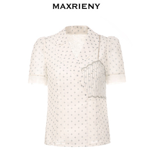 奥莱maxrieny短袖雪纺衫女夏季波(夏季波)点衬衣，气质蕾丝小衫v领上衣
