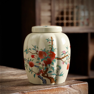 茶叶罐陶瓷储茶罐密封罐家用储物罐寿桃单罐茶罐复古中式防潮礼盒