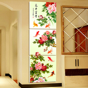 客厅水晶三联画花卉，走廊过道玄关装饰画无框画竖版挂画墙壁画牡丹