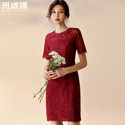 红色蕾丝连衣裙女2024夏季优雅修身显瘦气质女神范中长款小香风裙