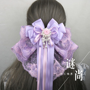 韩版紫粉顶夹日系珍珠，长飘带蕾丝大蝴蝶结，发夹弹簧夹头花饰品