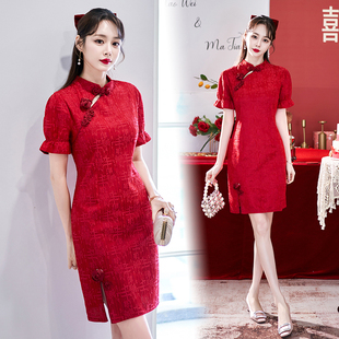 新中式年轻款少女文艺，复古日常改良旗袍，中国风国潮大红色连衣裙