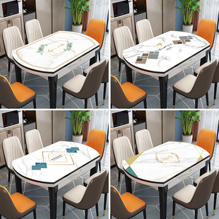 椭圆形北欧仿大理石pvc餐桌，垫可伸缩折叠软玻璃桌布防水防油免洗