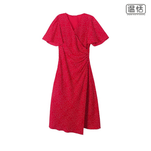 法式风情红色波点复古交叉V领短袖气质连衣裙海边度假裙
