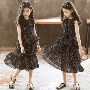 女童连衣裙夏季波(夏季波)点雪纺蛋糕裙，2024韩版中大童过膝长款亲子裙