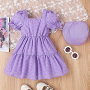 童装韩版女小童夏装泡泡，袖镂空提花，公主含帽子儿童连衣裙