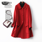 羊绒大衣女中长款翻领大红色，高端气质双面呢春秋，宽松毛呢外套