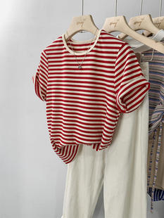 红色条纹针织正肩短袖t恤女夏季2023设计感小众宽松上衣体恤