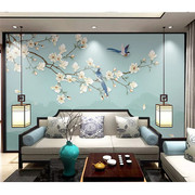 新中式手绘玉兰花背景墙布，8d工笔花鸟墙纸，定制客厅沙发影视墙壁画