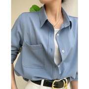 韩系蓝色衬衫女春秋长袖polo领衬衣女装设计感小众上衣