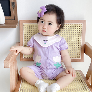 新生婴儿衣服夏装女宝宝，紫色连体衣公主短袖，短裤可爱超萌爬服棉质