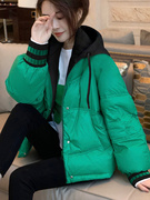 绿色短款羽绒棉服大码女冬季设计感小众假两件连帽厚外套棉衣