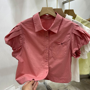 夏季粉红色泡泡短袖衬衫女2024韩版小个子显瘦短款上衣小衫潮