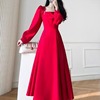 KATTERLLG法式复古赫本风高端气质红色连衣裙秋季大码长款遮肚泡