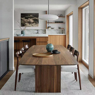 北欧全实木餐桌黑胡桃日式侘寂风现代简约轻奢家用橡木长方形桌子