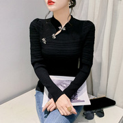 黑色立领泡泡袖毛衣，复古性感镂空针织衫长袖，女装洋气修身收腰上衣