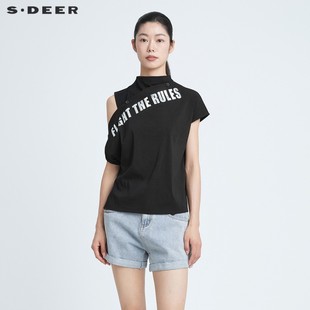 sdeer圣迪奥明星，同款小众设计夏装个性挖肩不规则，t恤女s21280163