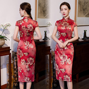 红色真丝旗袍裙中长款春夏季年轻款少女改良性感复古新娘服中国风