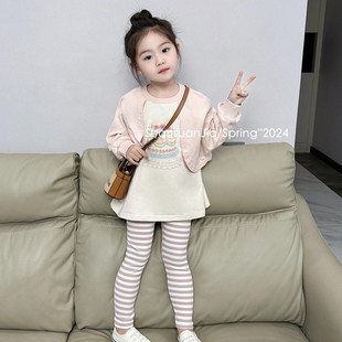 韩系女童假两件印花卫衣春季女宝粉色条纹打底裤舒适柔软套装