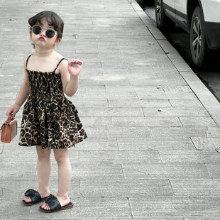 儿童连衣裙2023夏季韩版女童雪纺吊带裙宝宝洋气，豹纹背心裙子