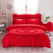 婚庆大红色床裙四件套结婚被子夹棉床罩款床上蕾丝花边床单被