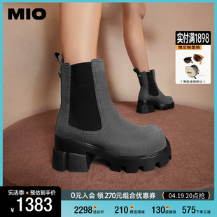MIO米奥2023冬季英伦风高跟短筒靴牛皮真皮厚底通勤切尔西靴女靴