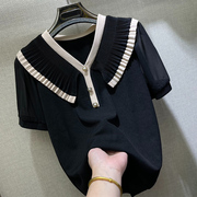 韩国V领荷叶边冰丝短袖T恤女夏季2024洋气花边气质设计感减龄