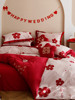 浪漫100支双面婚庆长绒棉四件套，印花刺绣结婚大红色被套床上用品