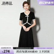 海青蓝新中式假两件连衣裙2024夏季V领黑色盘扣减龄显瘦裙子