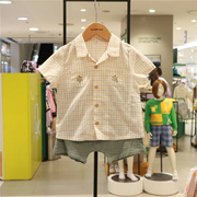 organic有机棉男童纯棉短袖套装，韩国24夏翻领(夏翻领)格子衬衫+短裤