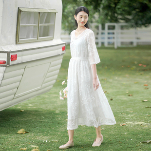初蝉2023夏季女改良中式复古飘逸气质，温柔仙女白色雪纺连衣裙
