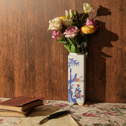 花瓶ins田园风手绘日本回流陶瓷家用插花方形欧式复古高颜颜值中