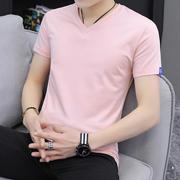 男士短袖t恤v领夏季棉质粉色修身冰丝，半袖男体恤衫鸡心领潮流男装