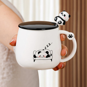 熊猫陶瓷马克杯喝水杯子家用带盖勺女生情侣办公室，可爱创意高颜值