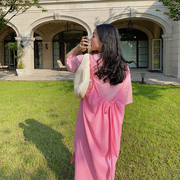 dazi金大支针织，两件套连衣裙2024年夏季短袖粉色吊带裙子套装