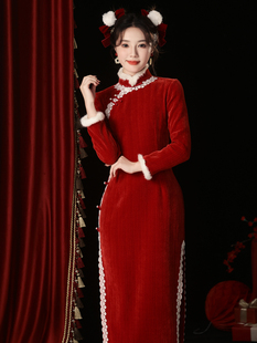红色雪尼尔提花加绒旗袍2023冬季新中式国风新年装结婚敬酒服礼服